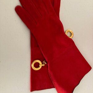 PALOMA PICASSO COUTURE Red Suede Gloves Gauntlet Black Suede GOLD Tone LOGO